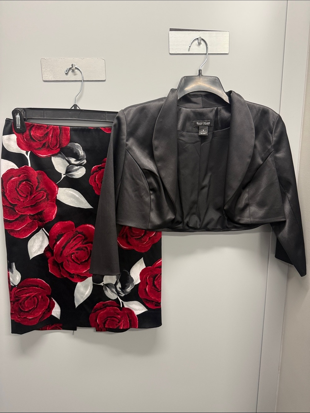 White House Black Market Black Pencil Skirt with Red Rose Print and Black Bolero